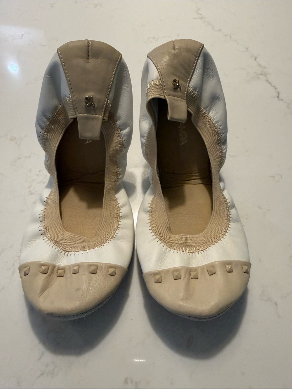 Yosi Samra Samantha Foldable Leather Ballet Flats White Beige Cap Toe Size 7